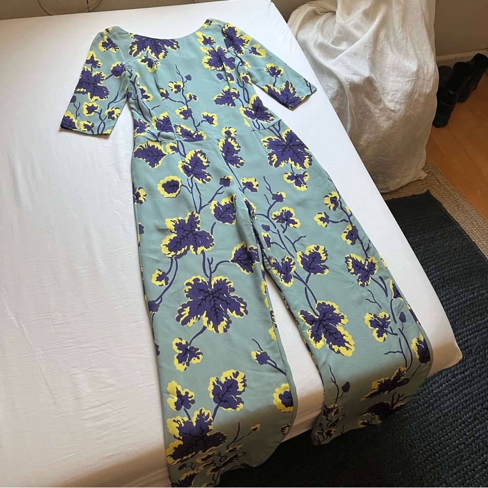 SUNO blue green floral print scoop back short sleeve wide straight leg jumpsuit